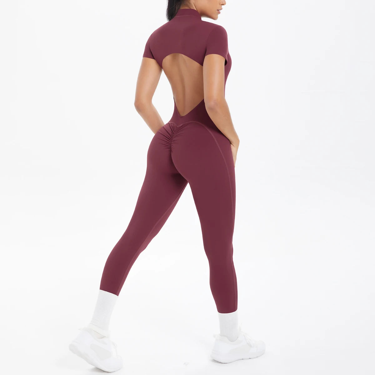 Half Zipper Backless Solid Color Scrunch One-Piece Suit
