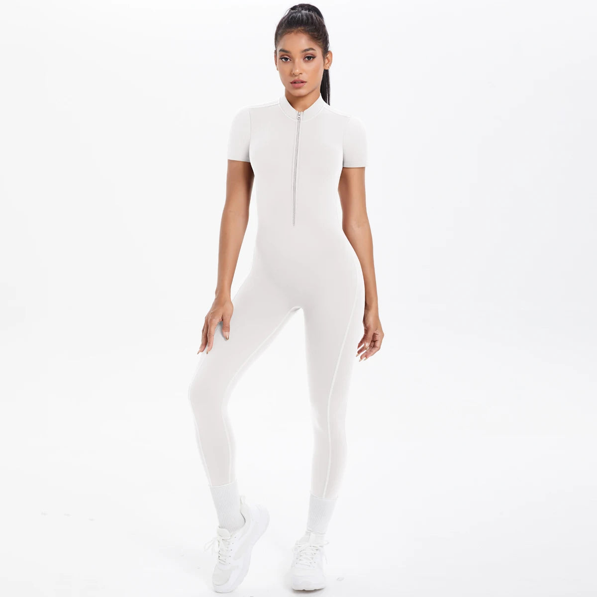Half Zipper Backless Solid Color Scrunch One-Piece Suit