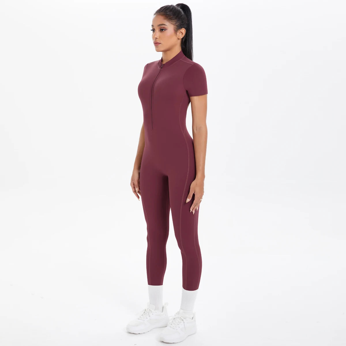 Half Zipper Backless Solid Color Scrunch One-Piece Suit