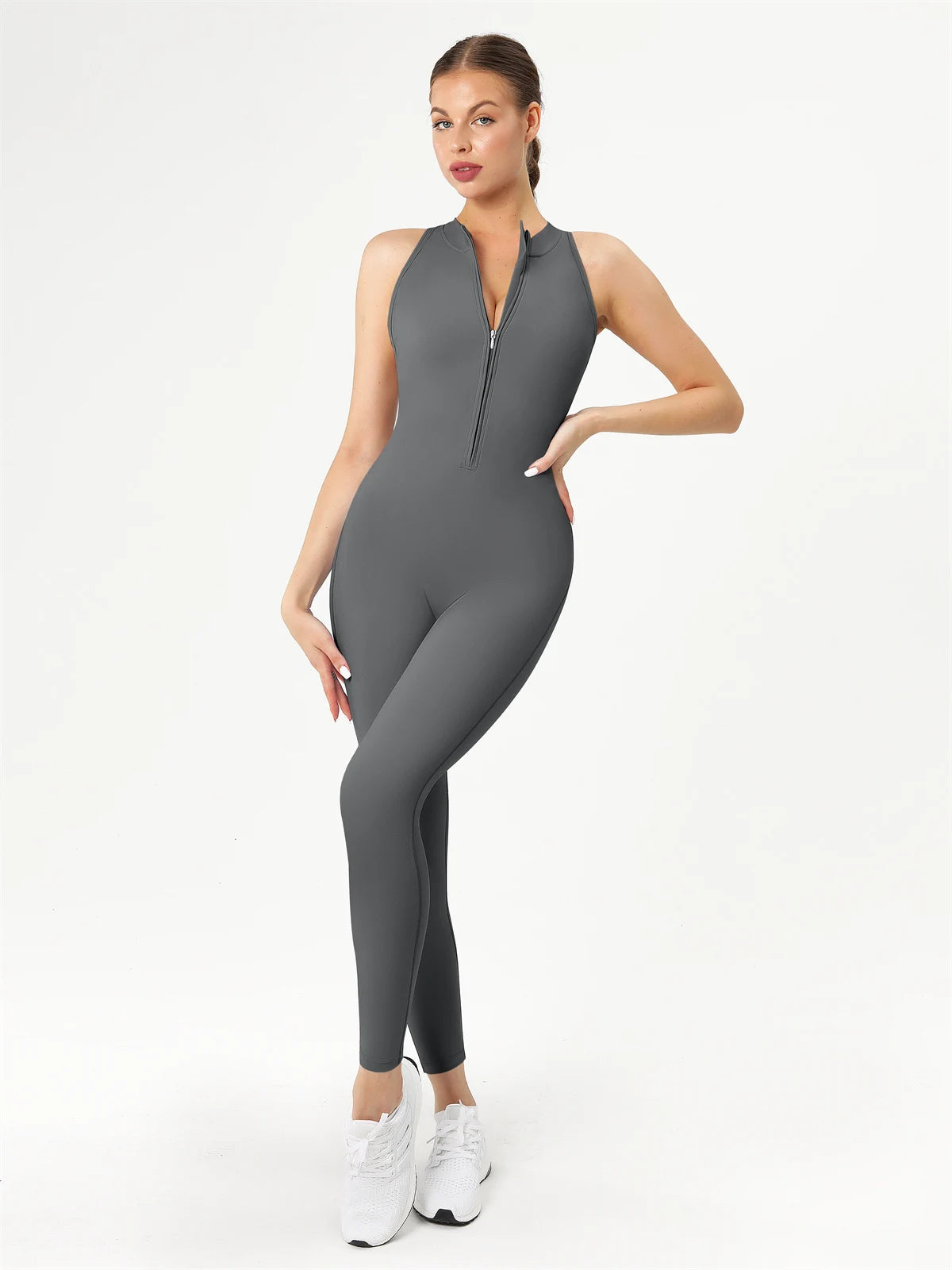 Zip Scrunch V Back One Piece Workout Gym Jumpsuit
