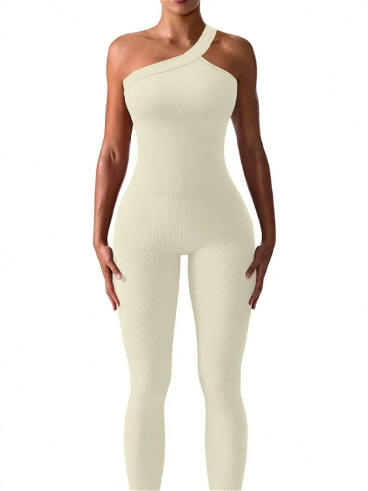 Ribbed One Shoulder One Piece Sport Jumpsuits