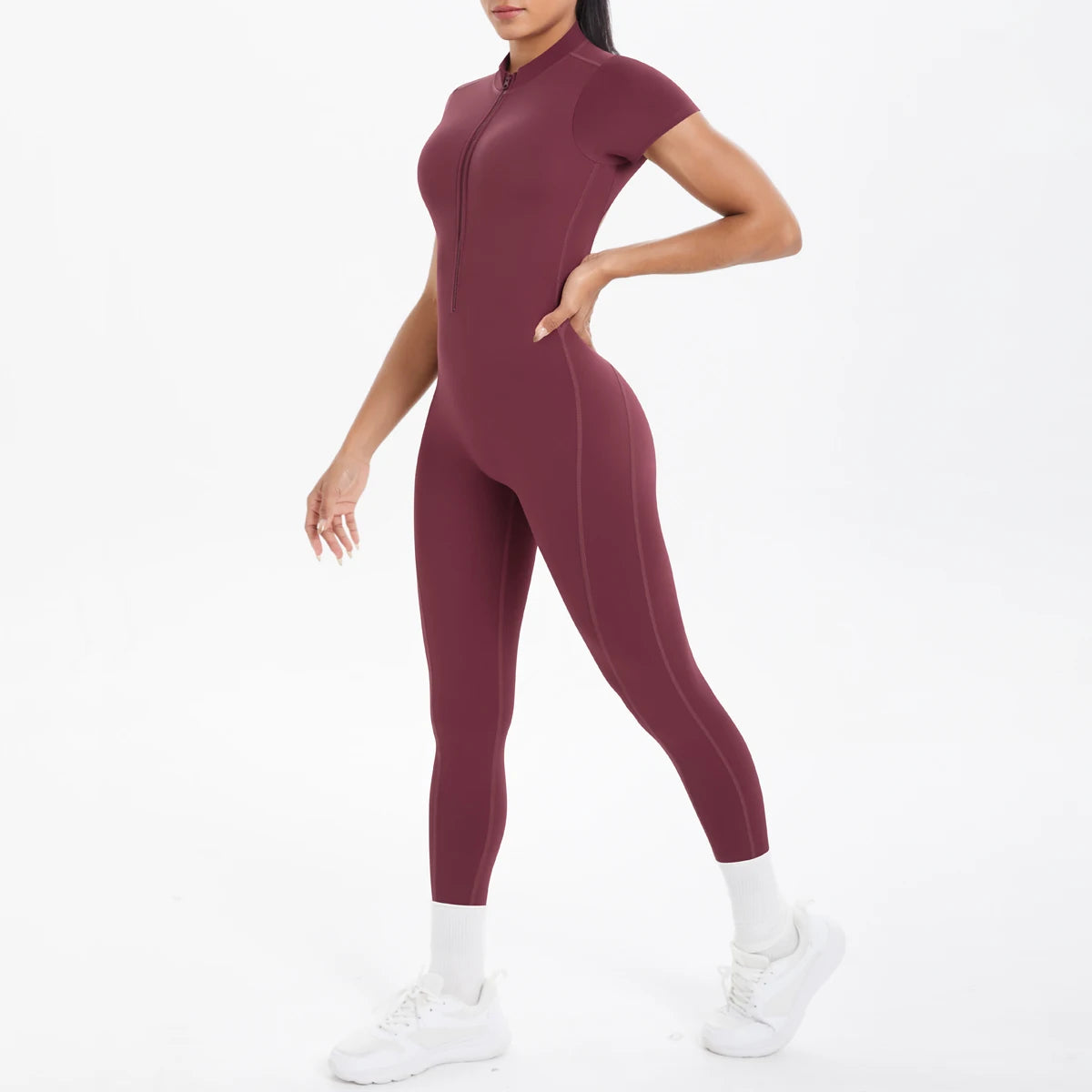 Half Zipper Backless Solid Color Scrunch One-Piece Suit