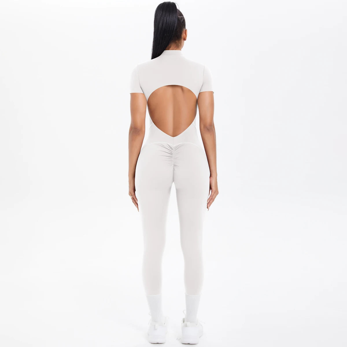 Half Zipper Backless Solid Color Scrunch One-Piece Suit