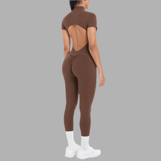 Half Zipper Backless Solid Color Scrunch One-Piece Suit
