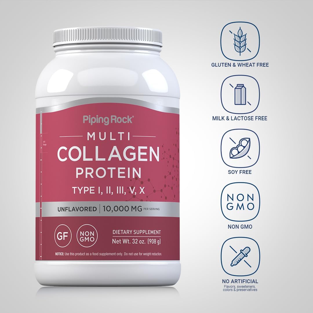 Piping Rock Multi Collagen Protein Powder | 32oz |Unflavored | Non-GMO, Gluten Free