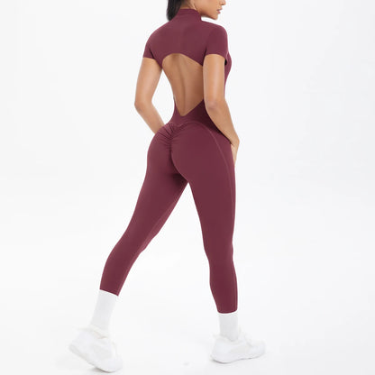 Half Zipper Backless Solid Color Scrunch One-Piece Suit