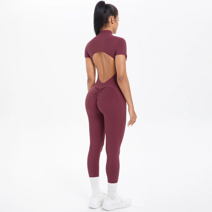 Half Zipper Backless Solid Color Scrunch One-Piece Suit