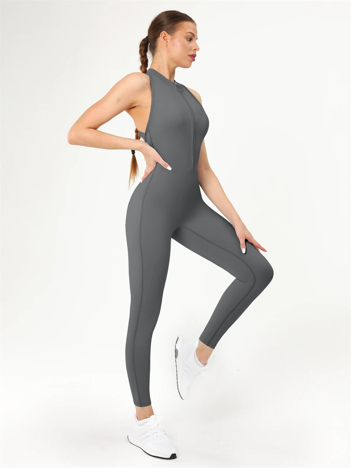 Zip Scrunch V Back One Piece Workout Gym Jumpsuit
