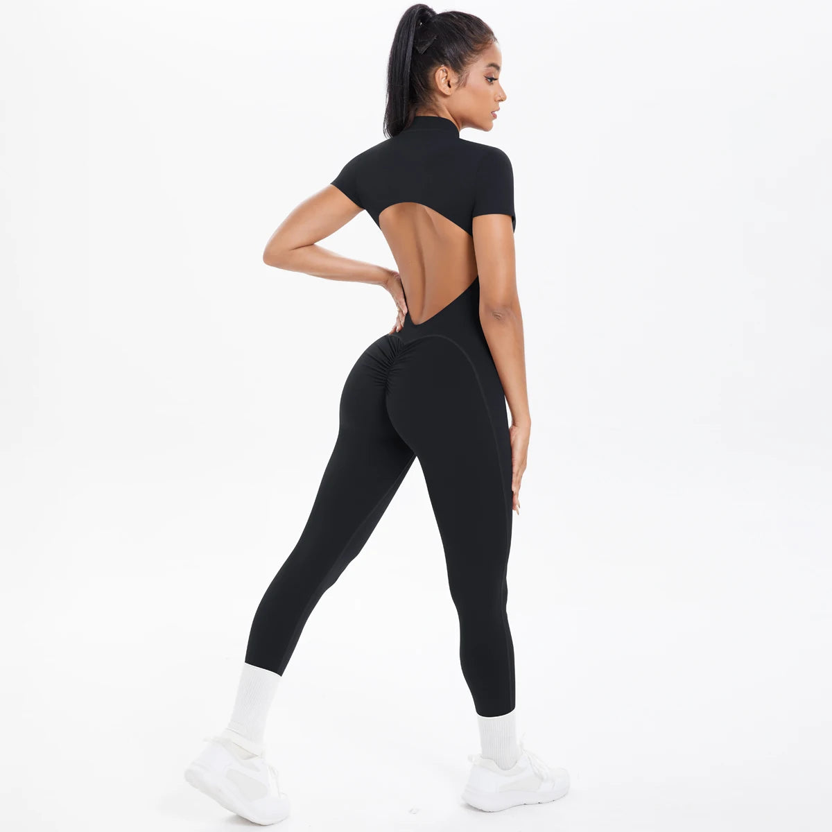 Half Zipper Backless Solid Color Scrunch One-Piece Suit