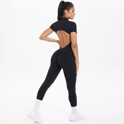 Half Zipper Backless Solid Color Scrunch One-Piece Suit