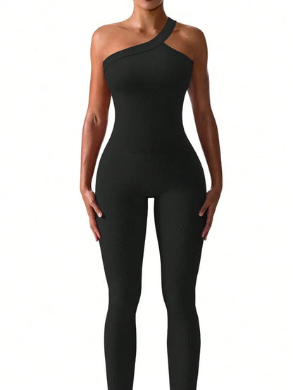 Ribbed One Shoulder One Piece Sport Jumpsuits