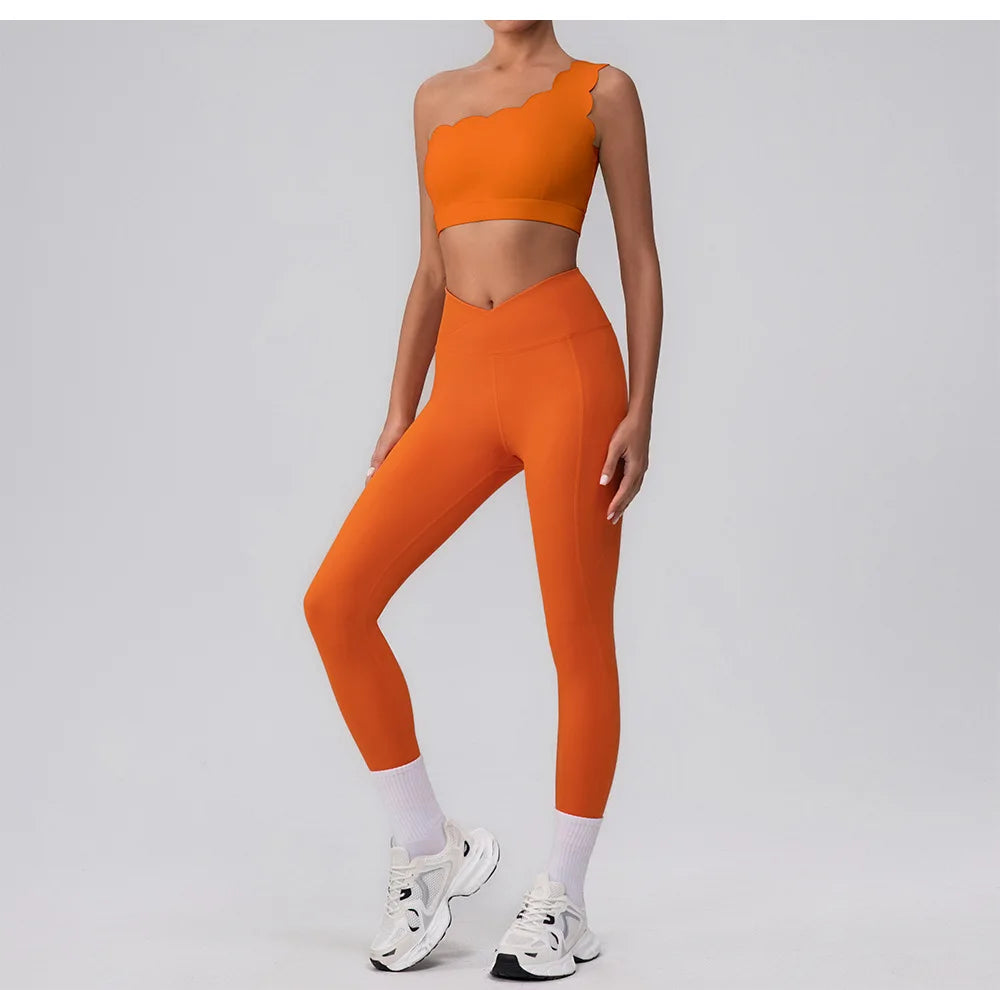 Lace Single Shoulder Yoga Bra Pants Set