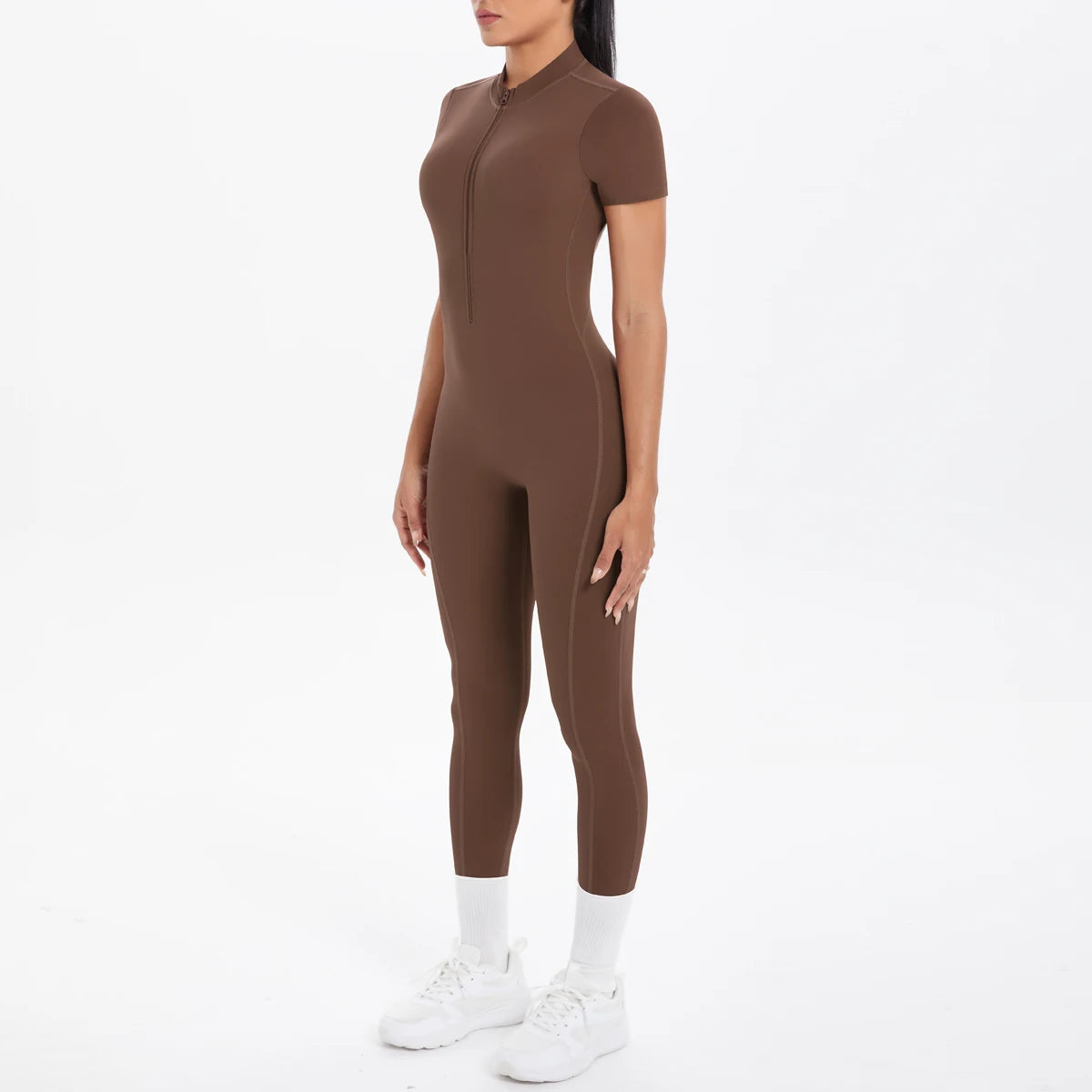 Half Zipper Backless Solid Color Scrunch One-Piece Suit