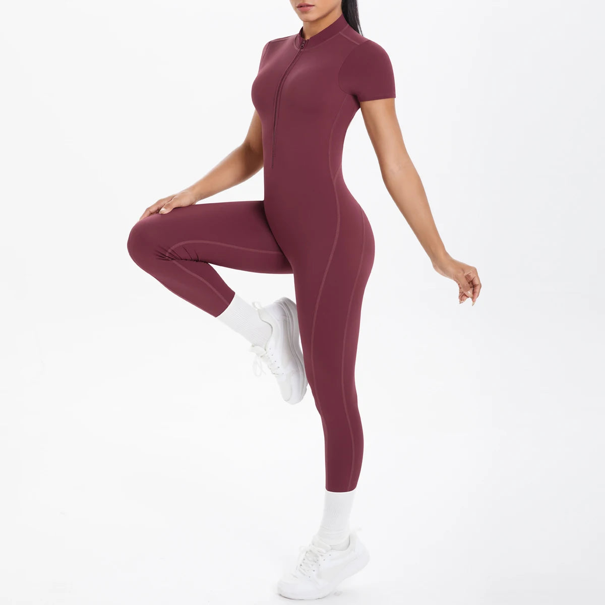 Half Zipper Backless Solid Color Scrunch One-Piece Suit