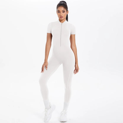 Half Zipper Backless Solid Color Scrunch One-Piece Suit