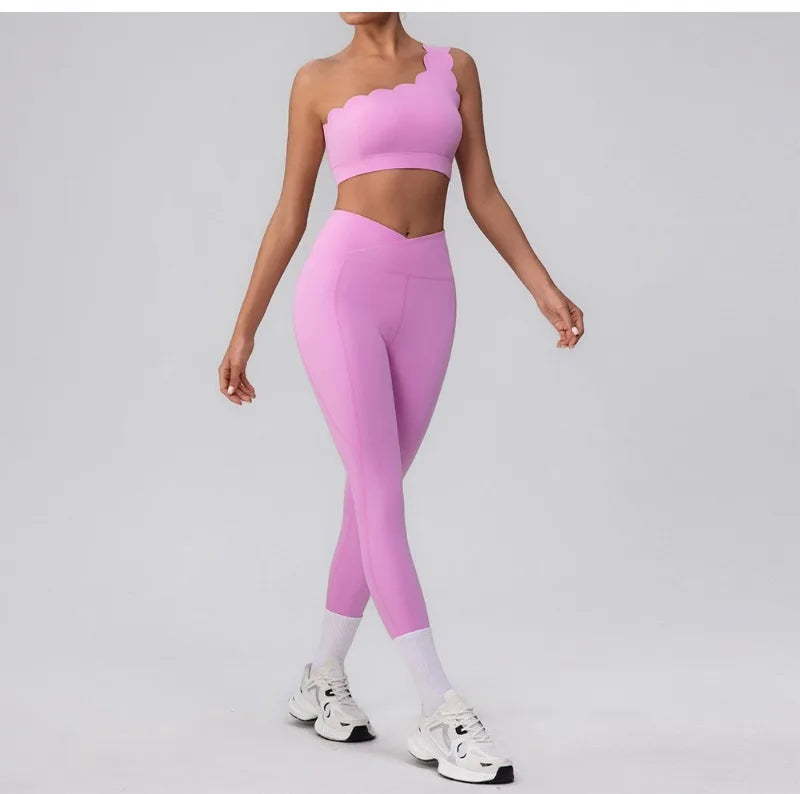 Lace Single Shoulder Yoga Bra Pants Set