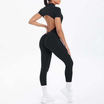 Half Zipper Backless Solid Color Scrunch One-Piece Suit