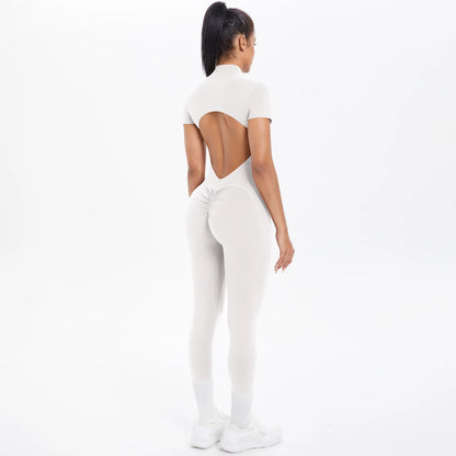 Half Zipper Backless Solid Color Scrunch One-Piece Suit