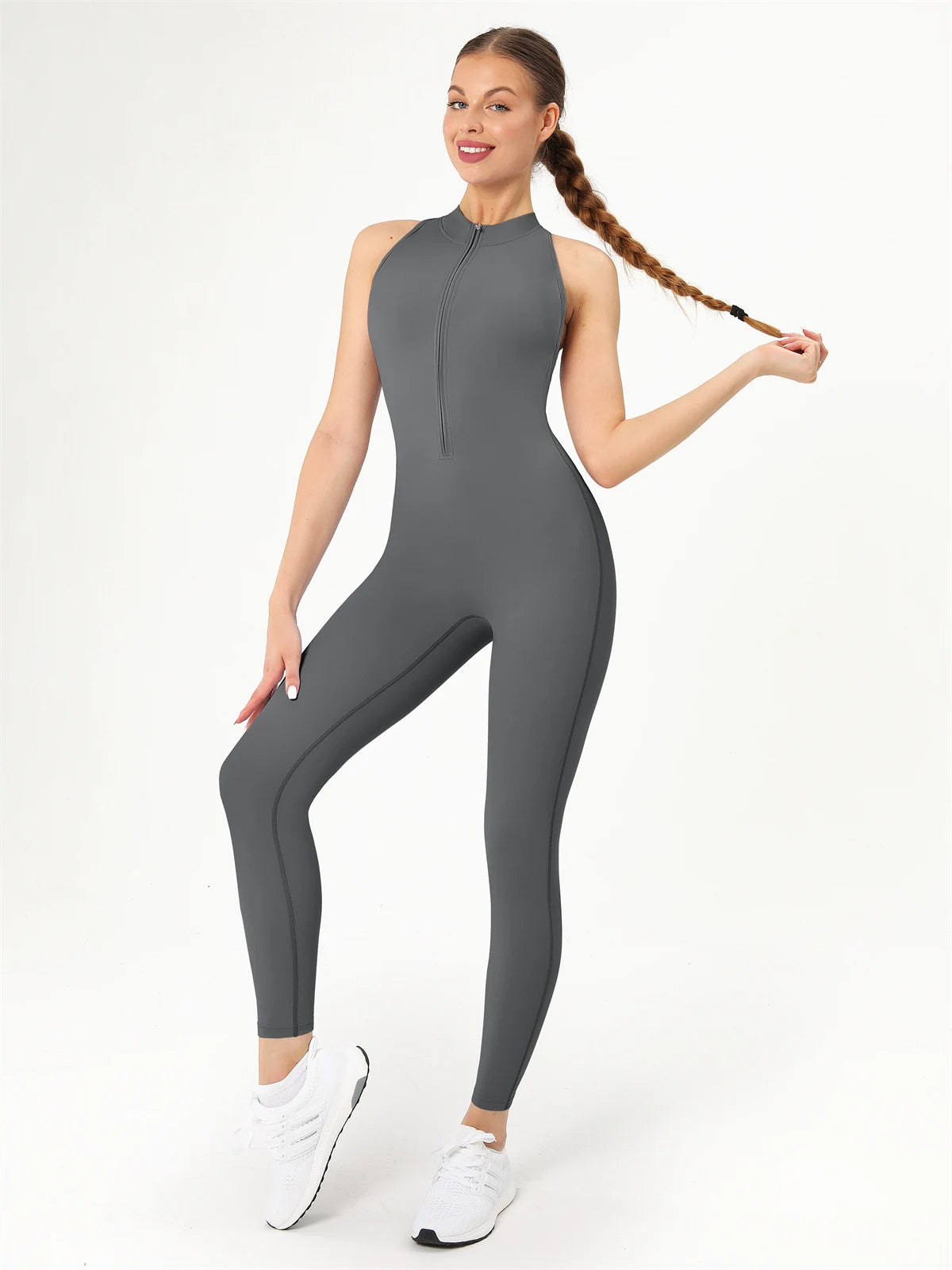 Zip Scrunch V Back One Piece Workout Gym Jumpsuit