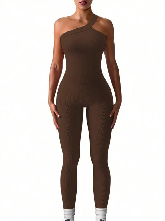Ribbed One Shoulder One Piece Sport Jumpsuits