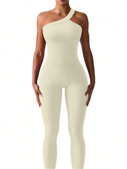 Ribbed One Shoulder One Piece Sport Jumpsuits
