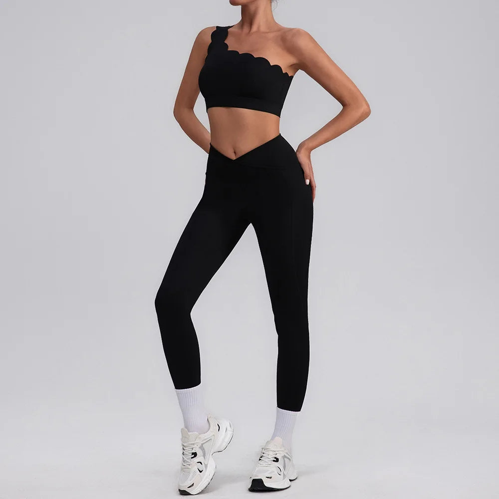 Lace Single Shoulder Yoga Bra Pants Set