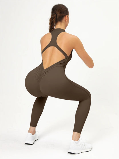 Zip Scrunch V Back One Piece Workout Gym Jumpsuit