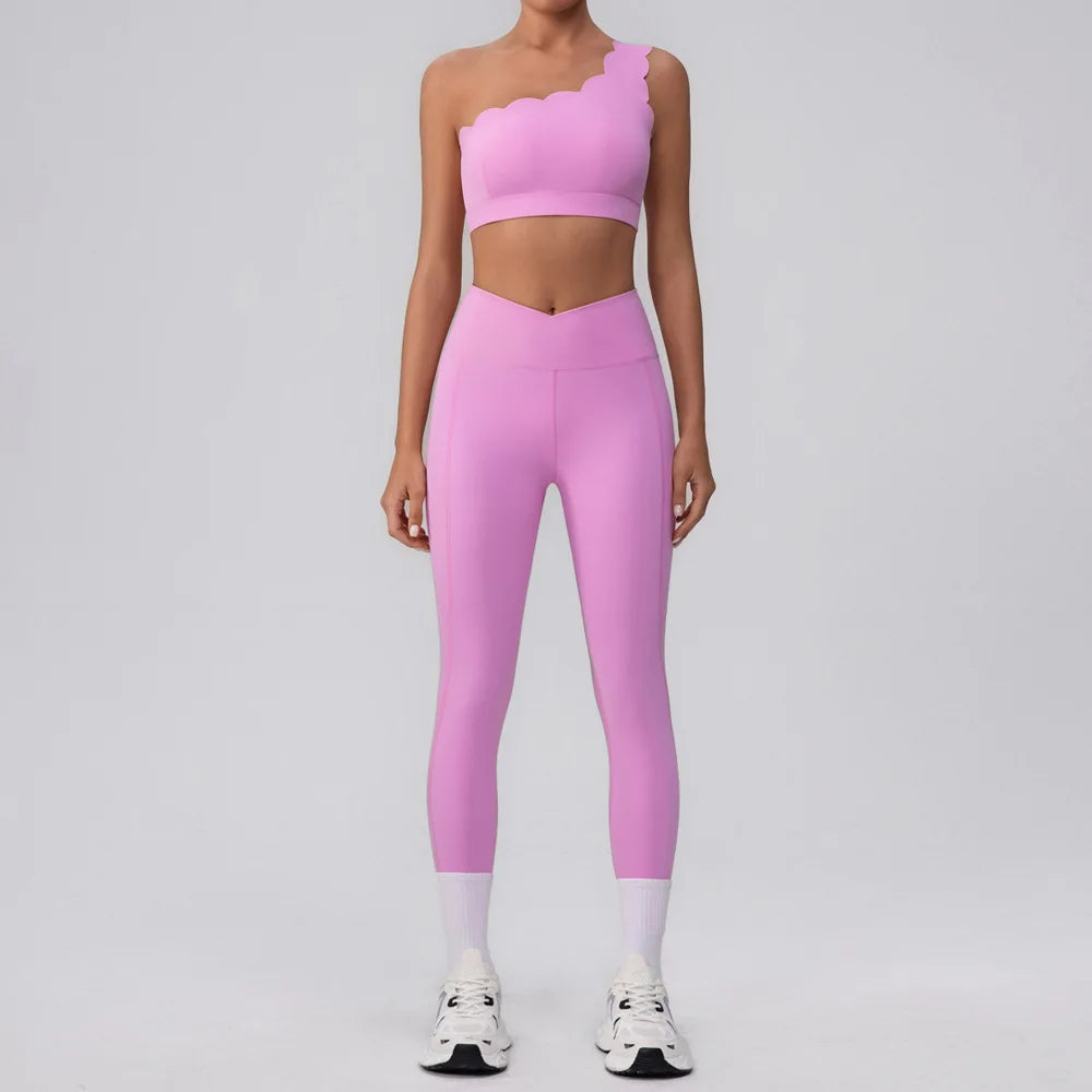 Lace Single Shoulder Yoga Bra Pants Set
