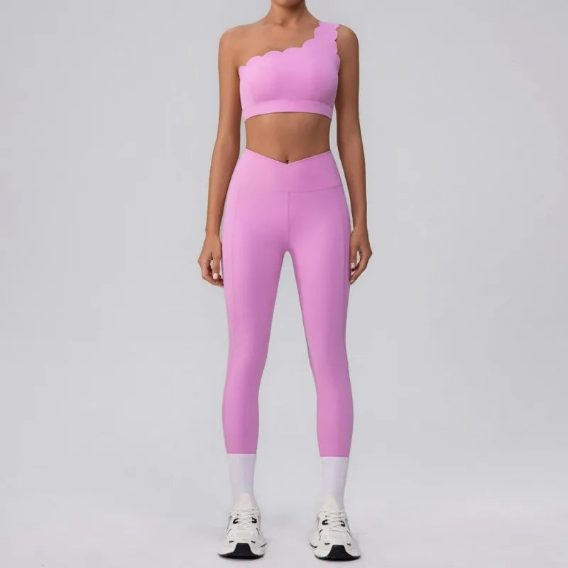Lace Single Shoulder Yoga Bra Pants Set
