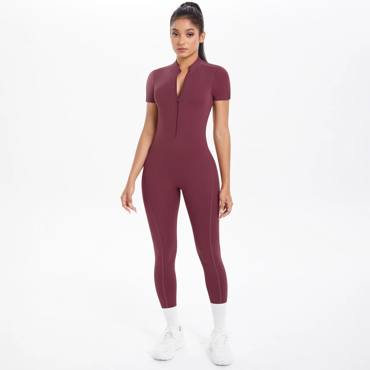 Half Zipper Backless Solid Color Scrunch One-Piece Suit