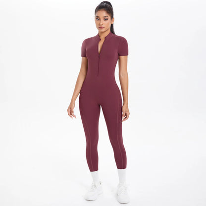 Half Zipper Backless Solid Color Scrunch One-Piece Suit