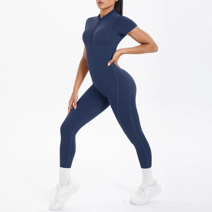 Half Zipper Backless Solid Color Scrunch One-Piece Suit