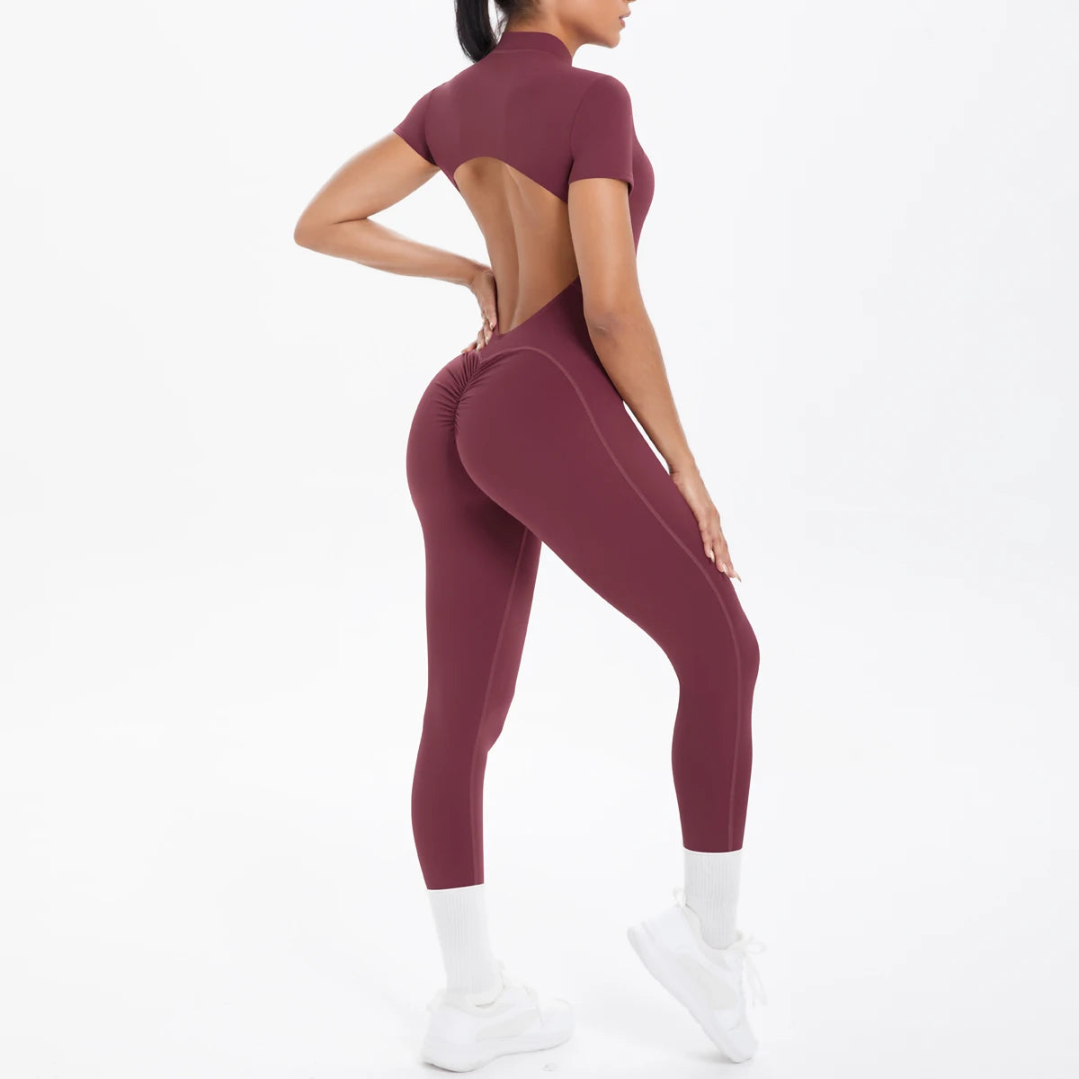 Half Zipper Backless Solid Color Scrunch One-Piece Suit