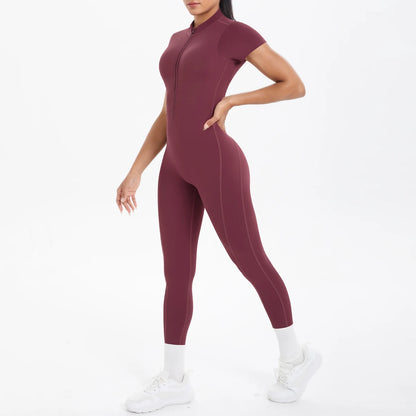 Half Zipper Backless Solid Color Scrunch One-Piece Suit