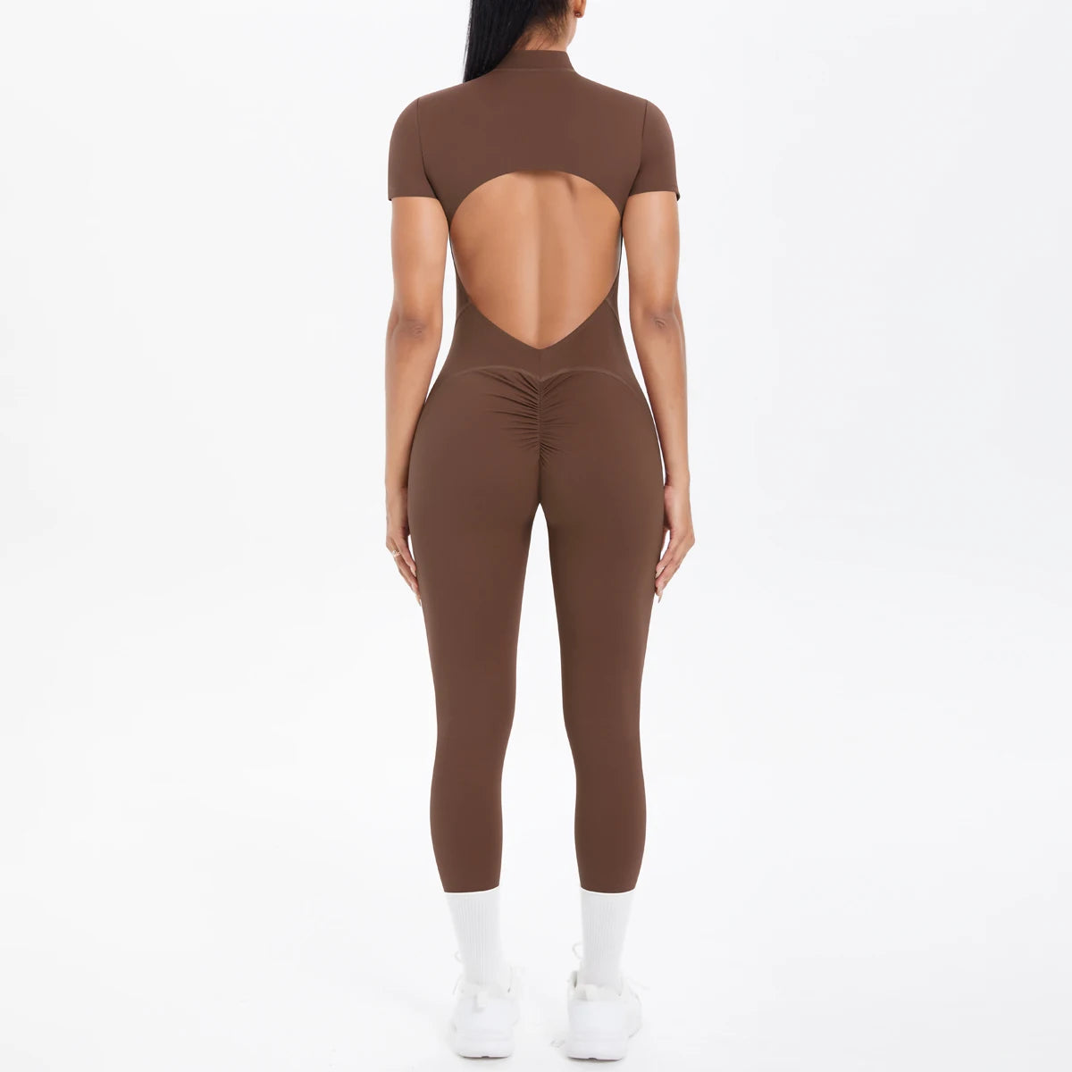 Half Zipper Backless Solid Color Scrunch One-Piece Suit