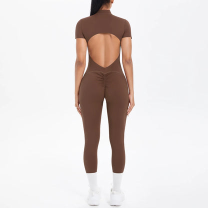Half Zipper Backless Solid Color Scrunch One-Piece Suit