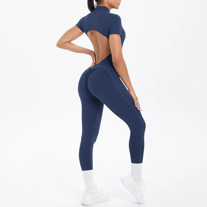 Half Zipper Backless Solid Color Scrunch One-Piece Suit